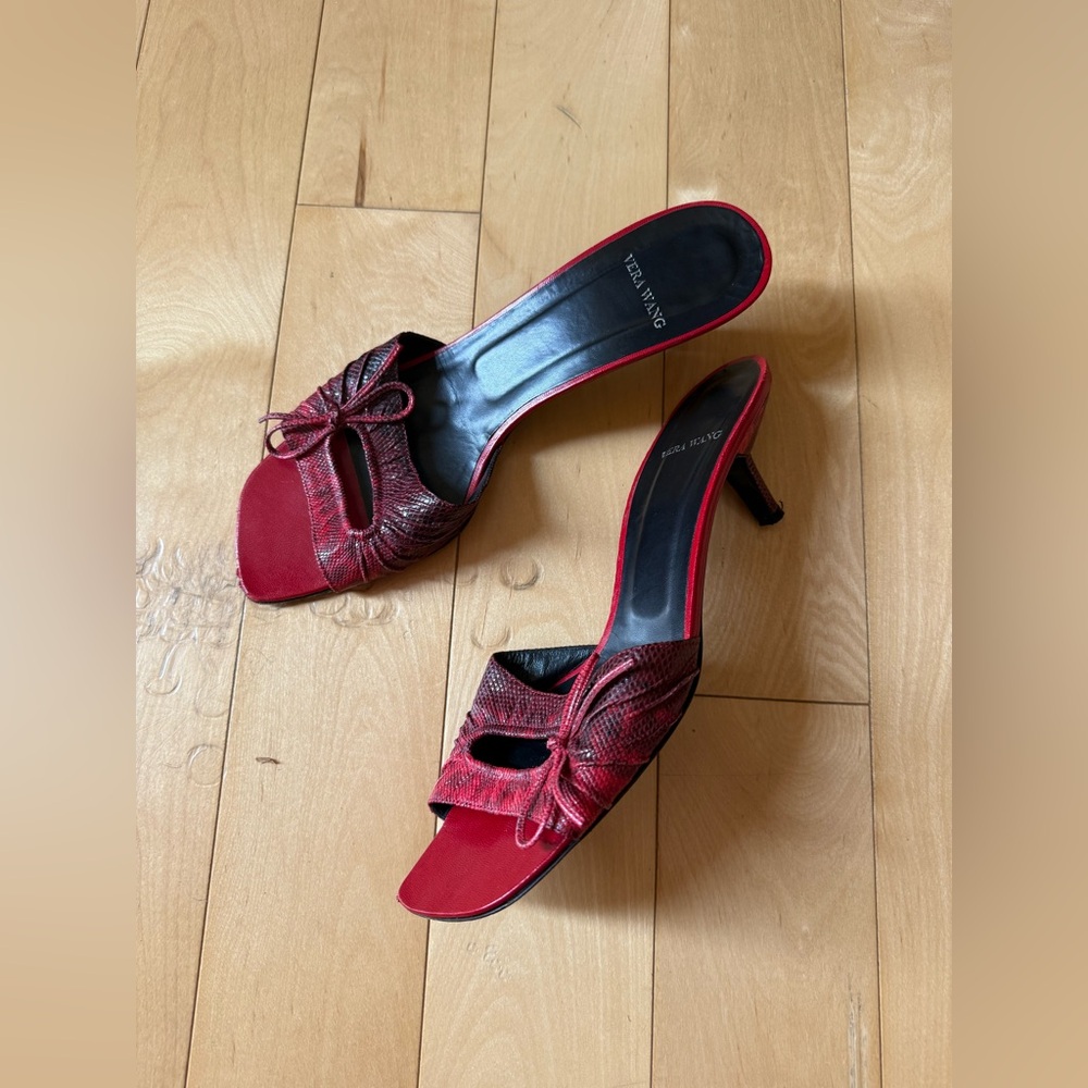 Vera Wang // red leather snakeskin mules